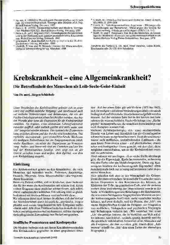 Vorschauseite 1: Krebskrankheit - eine Allgemeinkrankheit? Die Betroffenheit des Menschen als Leib-Seele-Geist-Einheit