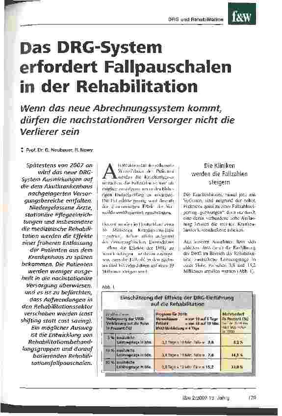 Vorschauseite 1: Das DRG-System erfordert Fallpauschalen in der Rehabilitation Wenn das neue Abrechnungssystem kommt, dürfen die nachstationären Versorger nicht die Verlierer sein