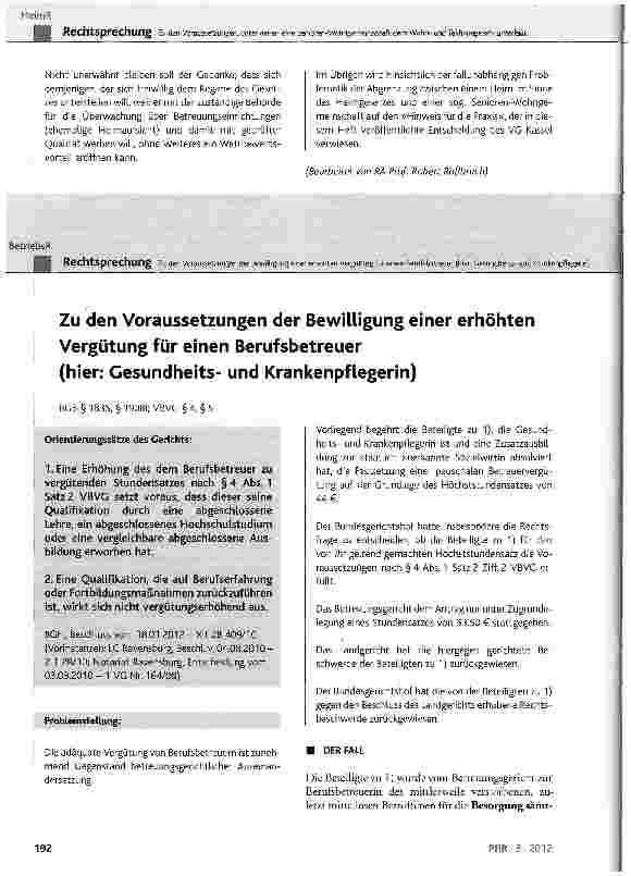 Vorschauseite 1: Zu den Voraussetzungen der Bewilligung einer erhöhten Vergütung für einen Berufsbetreuer (hier: Gesundheitsund Krankenpflegerin)