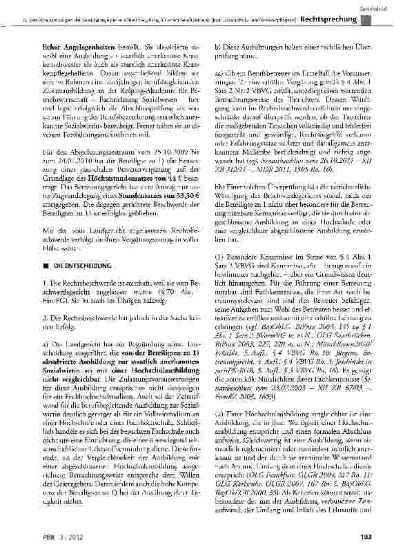 Vorschauseite 2: Zu den Voraussetzungen der Bewilligung einer erhöhten Vergütung für einen Berufsbetreuer (hier: Gesundheitsund Krankenpflegerin)