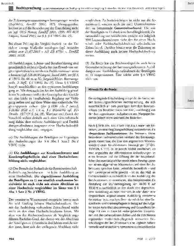 Vorschauseite 3: Zu den Voraussetzungen der Bewilligung einer erhöhten Vergütung für einen Berufsbetreuer (hier: Gesundheitsund Krankenpflegerin)