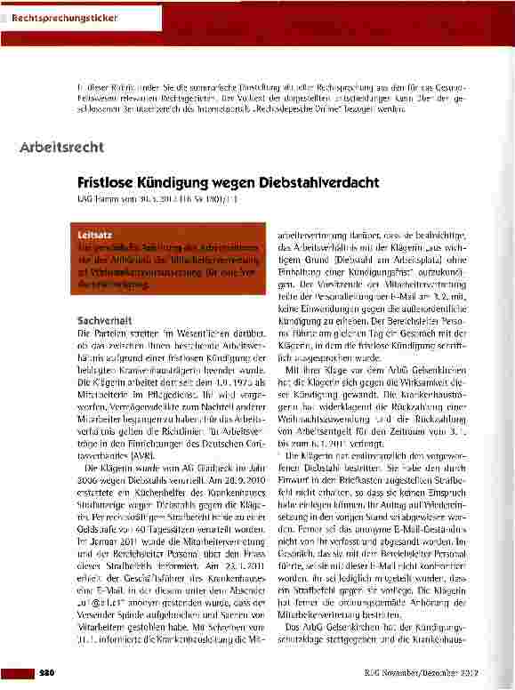 Vorschauseite 1: Fristlose Kündigung wegen Diebstahlverdacht
