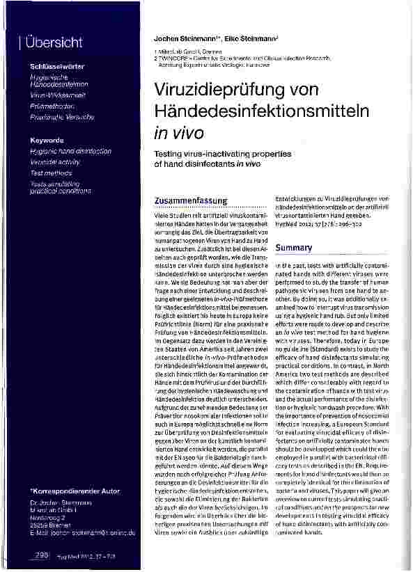 Vorschauseite 1: Viruzidieprüfung von Händedesinfektionsmitteln in vivo
