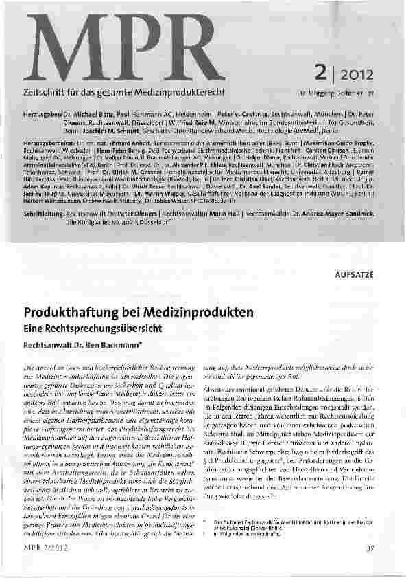 Vorschauseite 1: Produkthaftung bei Medizinprodukten