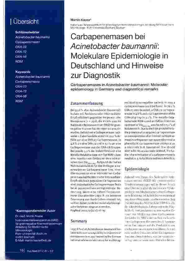 Vorschauseite 1: Carbapenemasen bei Acinetobacter baumannii: Molekulare Epidemiologie in Deutschland und Hinweise zur Diagnostik