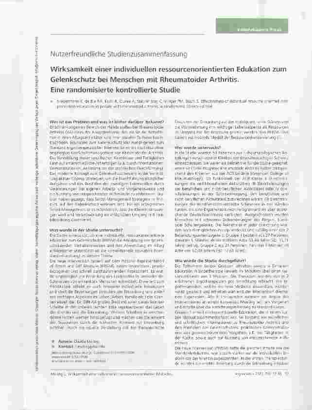 Vorschauseite 1: Wirksamkeit einer individuellen ressourcenorientierten Edukation zum Gelenkschutz bei Menschen mit Rheumatoider Arthritis. Eine randomisierte kontrollierte Studie