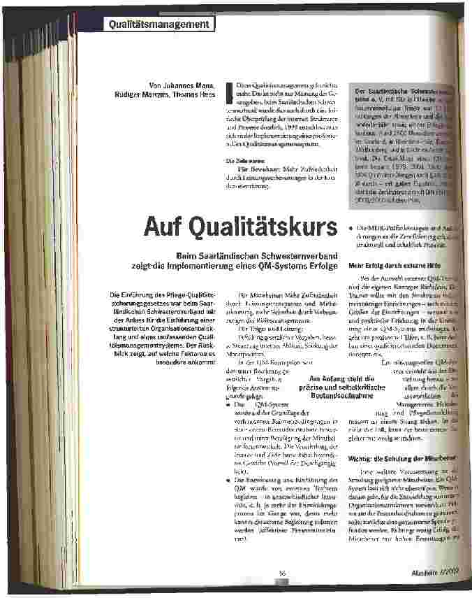 Vorschauseite 1: Auf Qualitätskurs Beim Saarländischen Schwesternverband zeigt die Implementierung eines QM-Systems Erfolge