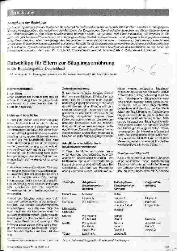 Vorschauseite 1: Ratschläge für Eltern zur Säuglingsernährung in der BRD Mitteilung der Ernährungskommission der Deutschen Gesellschaft. .