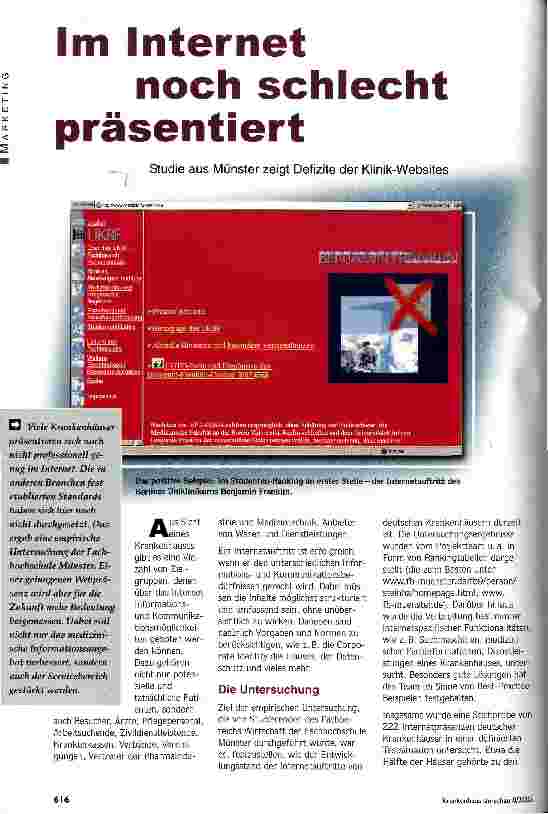 Vorschauseite 1: Im Internet noch schlecht präsentiert Studie aus Münster zeigt Defizite der Klinik-Websites