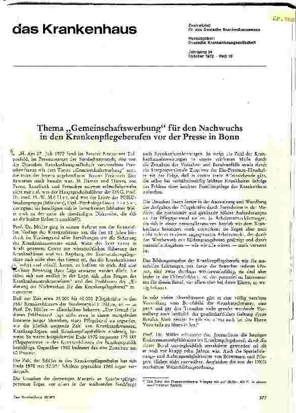 Vorschauseite 1: Thema Gemeinschaftswerbung für den Nachwuchs in den Krankenpflegeberufen vor der Presse in Bonn