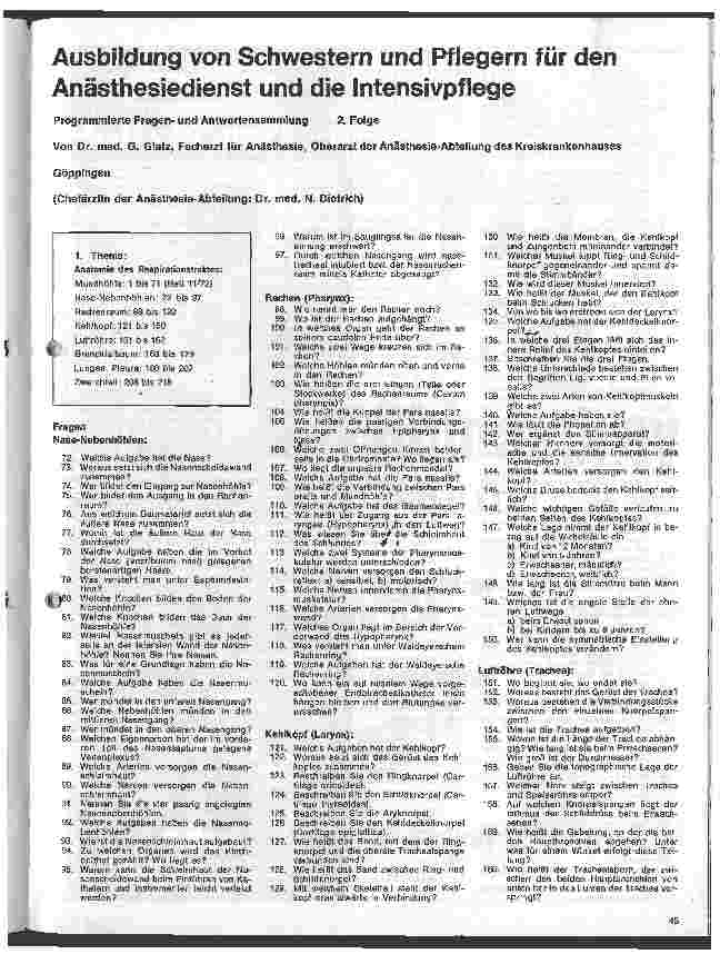 Vorschauseite 1: Ausbildung von Schwestern und Pflegern für den Anästhesiedienst und die Intensivpflege // Programmierte Fragenund Antwortsammlung