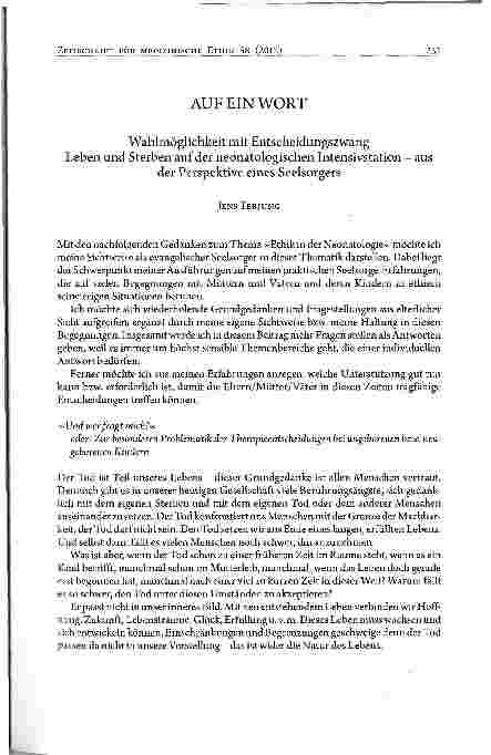 Vorschauseite 1: Wahlmöglichkeit mit Entscheidungszwang Leben und Sterben auf der neonatologischen Intensivstation - aus der Perspektive eines Seelsorgers