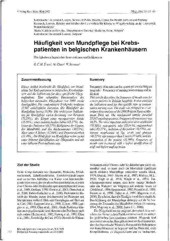Vorschauseite 1: Häufigkeit von Mundpflege bei Krebspatienten in belgischen Krankenhäusern