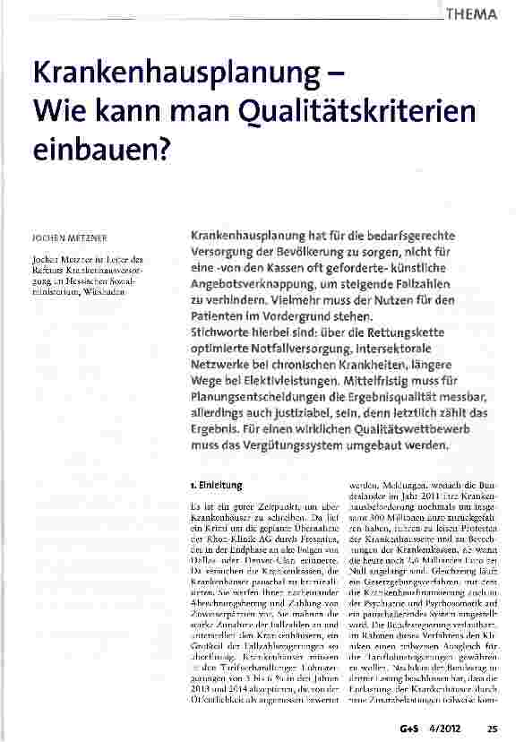 Vorschauseite 1: Krankenhausplanung-Wie kann man Qualitätskriterien einbauen?