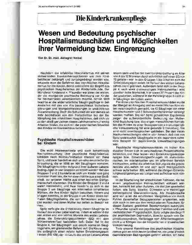 Vorschauseite 1: Die Kinderkrankenpflege - Wesen und Bedeutung psychischer Hospitalismusschäden und Möglichkeiten ihrer Vermeidung bzw. Eingrenzung