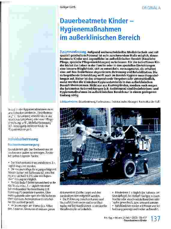 Vorschauseite 1: Dauerbeatmete Kinder - Hygienemaßnahmen im außerklinischen Bereich
