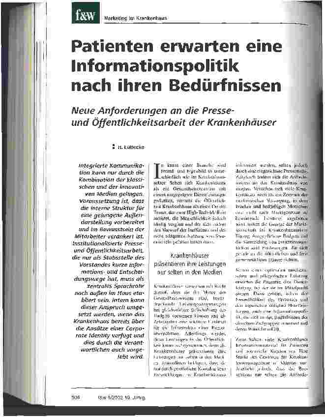 Vorschauseite 1: Patienten erwarten eine Informationspolitik nach ihren Bedürfnissen Neue Anforderungen an die Presseund Öffentlichkeitsarbeit der Krankenhäuser