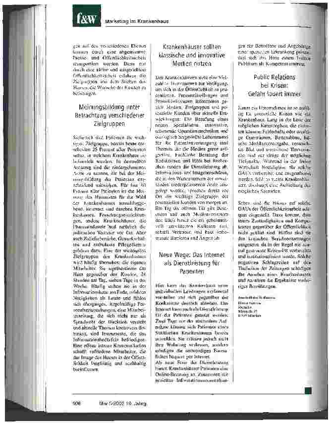 Vorschauseite 3: Patienten erwarten eine Informationspolitik nach ihren Bedürfnissen Neue Anforderungen an die Presseund Öffentlichkeitsarbeit der Krankenhäuser