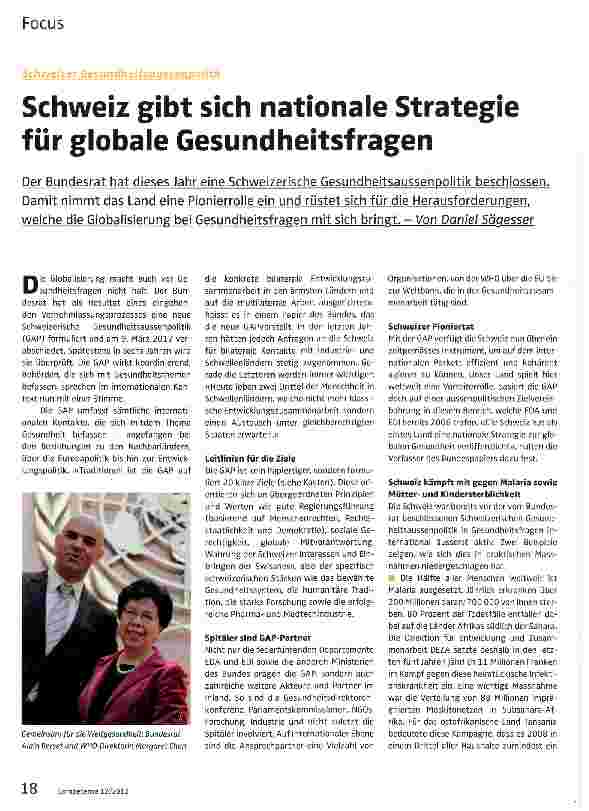 Vorschauseite 1: Schweiz gibt sich nationale Strategie für globale Gesundheitsfragen
