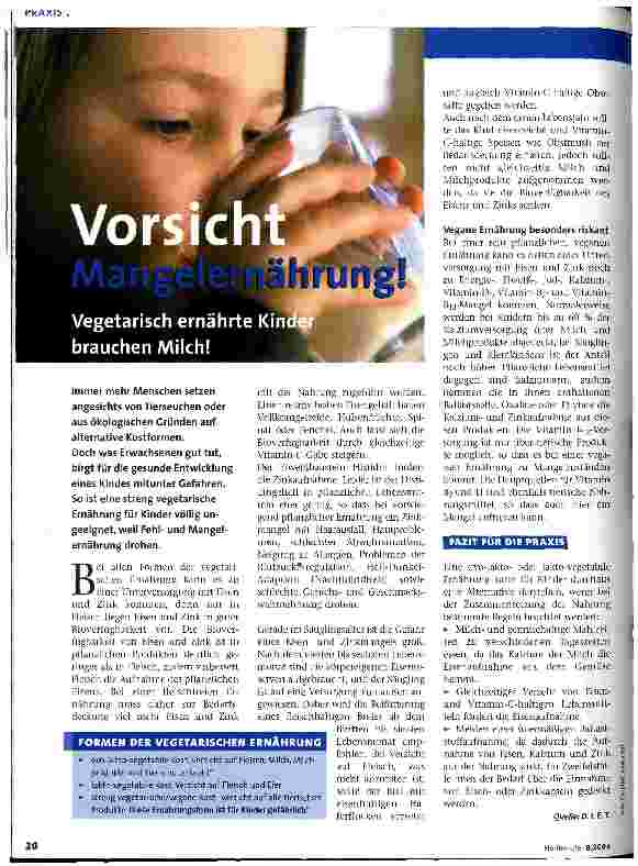 Vorschauseite 1: Vorsicht Mangelernährung! Vegetarisch ernährte Kinder brauchen Milch!