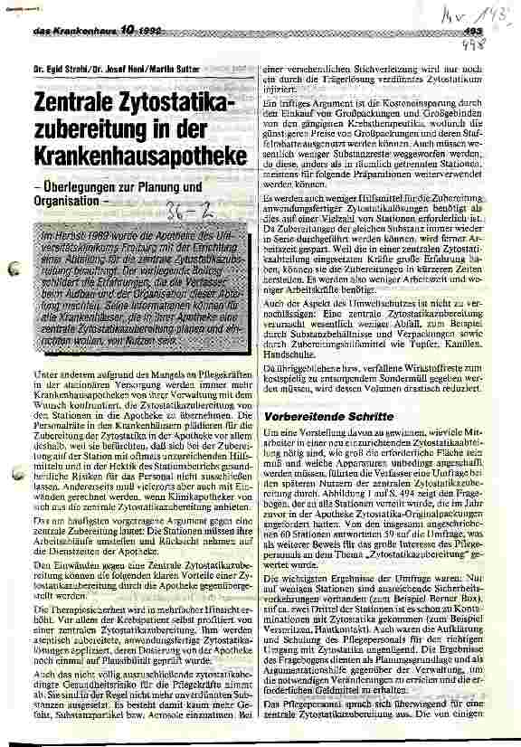 Vorschauseite 1: Zentrale Zytostatikazubereitung in der Krankenhausapotheke Überlegungen zur Planung und Organisation