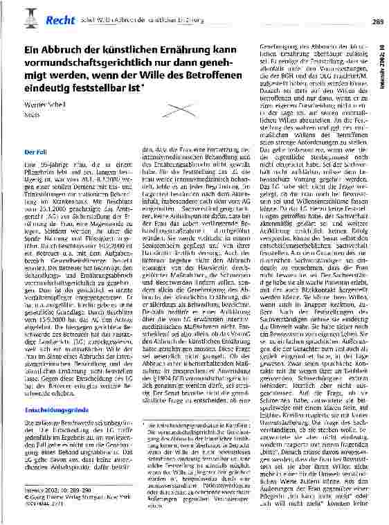 Vorschauseite 1: Ein Abbruch der künstlichen Ernährung kann vormundschaftsgerichtlich nur dann genehmigt werden, wenn der Wille des Betroffenen eindeutig feststellbar ist