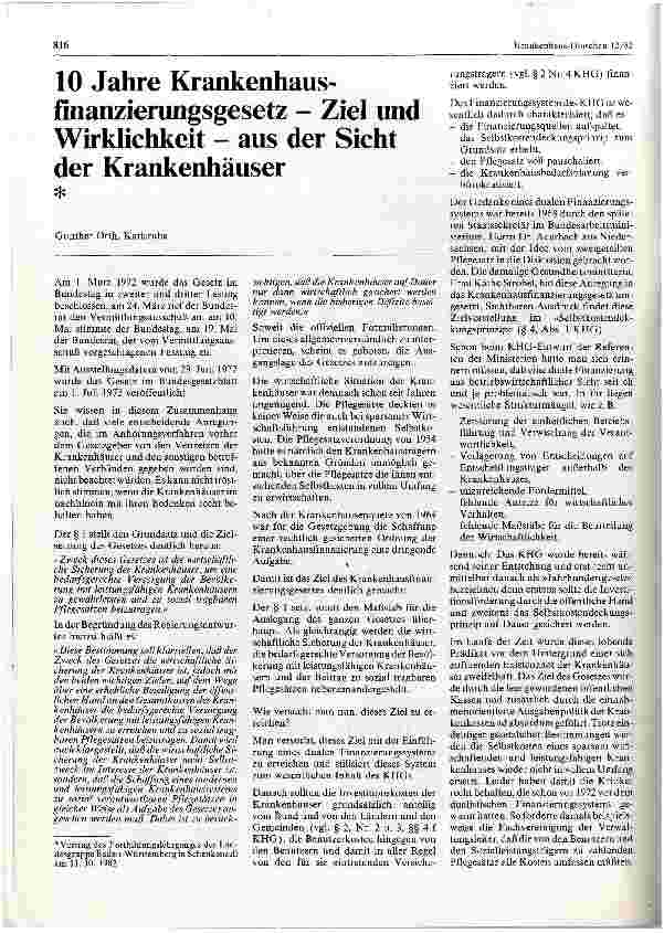 Vorschauseite 1: 10 Jahre Krankenhaus-finanzierungsgesetz - Ziel und Wirklichkeit - aus der Sicht der Krankenhäuser