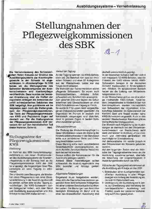 Vorschauseite 1: Stellungnahmen der Pflegezweigkommissionen des SBK