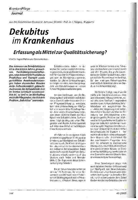 Vorschauseite 1: Dekubitus im Krankenhaus Erfassung als Mittel zur Qualitätssicherung?