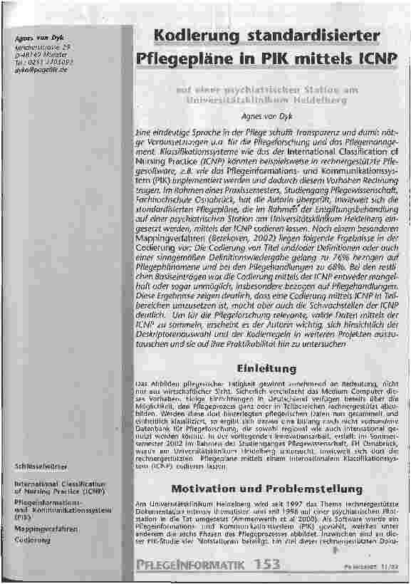 Vorschauseite 1: Kodierung standardisierter Pflegepläne in PIK mittels ICNP auf einer psychiatrischen Station am Universitätsklinikum Heidelberg
