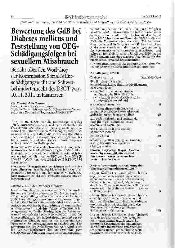 Vorschauseite 1: Bewertung des GdB bei Diabetes mellitus und Feststellung von OEG-Schädigungsfolgen bei sexuellem Missbrauch