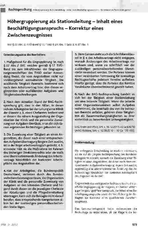 Vorschauseite 1: Höhergruppierung als Stationsleitung - Inhalt eines Beschäftigungsanspruchs - Korrektur eines Zwischenzeugnisses BAT §22 Abs. 2; TVÜ-Bund § 17; TVöD § 24 Abs. 1 Satz 3, § 37 Abs. 1