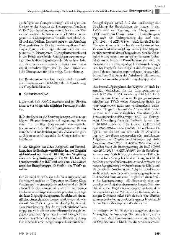 Vorschauseite 5: Höhergruppierung als Stationsleitung - Inhalt eines Beschäftigungsanspruchs - Korrektur eines Zwischenzeugnisses BAT §22 Abs. 2; TVÜ-Bund § 17; TVöD § 24 Abs. 1 Satz 3, § 37 Abs. 1