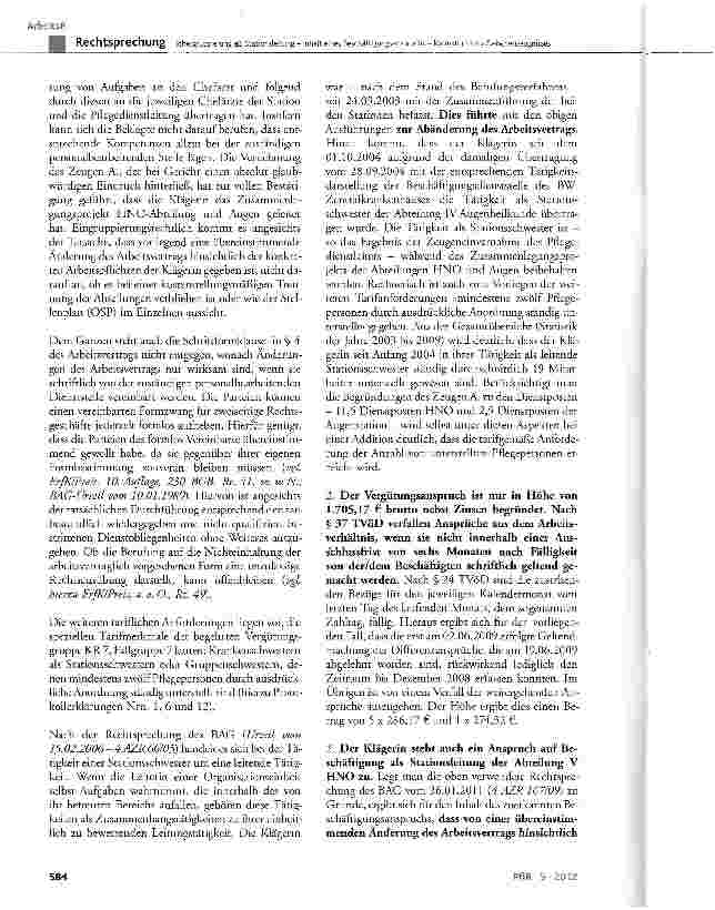 Vorschauseite 6: Höhergruppierung als Stationsleitung - Inhalt eines Beschäftigungsanspruchs - Korrektur eines Zwischenzeugnisses BAT §22 Abs. 2; TVÜ-Bund § 17; TVöD § 24 Abs. 1 Satz 3, § 37 Abs. 1