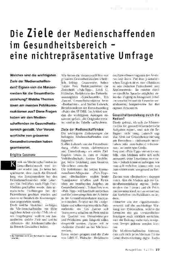 Vorschauseite 1: Die Ziele der Medienschaffenden im Gesundheitsbereich -eine nichtrepräsentative Umfrage