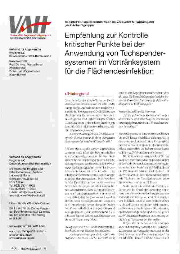 Vorschauseite 1: Empfehlung zur Kontrolle kritischer Punkte bei der Anwendung von Tuchspender-systemen im Vortränksystem für die Flächendesinfektion
