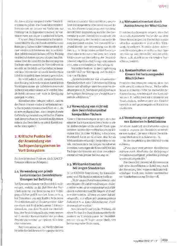 Vorschauseite 2: Empfehlung zur Kontrolle kritischer Punkte bei der Anwendung von Tuchspender-systemen im Vortränksystem für die Flächendesinfektion