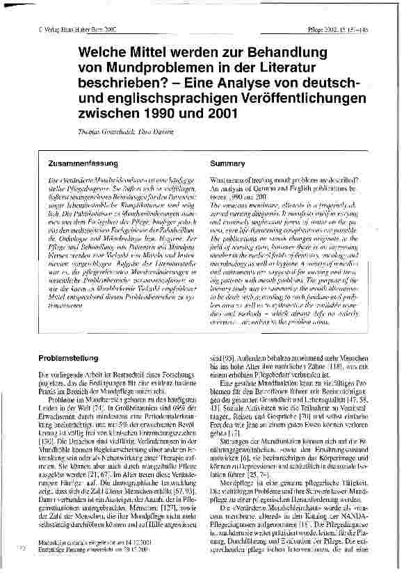 Vorschauseite 1: Welche Mittel werden zur Behandlung von Mundproblemen in der Literatur beschrieben? Eine Analyse von deutschund englischsprachigen Veröffentlicheungen zwischen 1990 und 2001