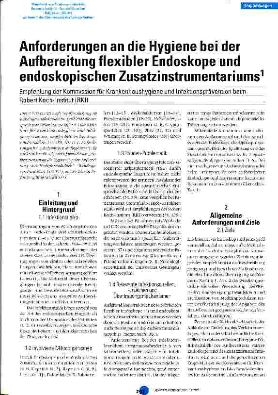 Vorschauseite 1: Anforderungen an die Hygiene bei der Aufbereitung flexibler Endoskope und endoskopischen Zusatzinstrumentariums Empfehlungen der Kommission für Krankenhaushygiene und Infektionspr…