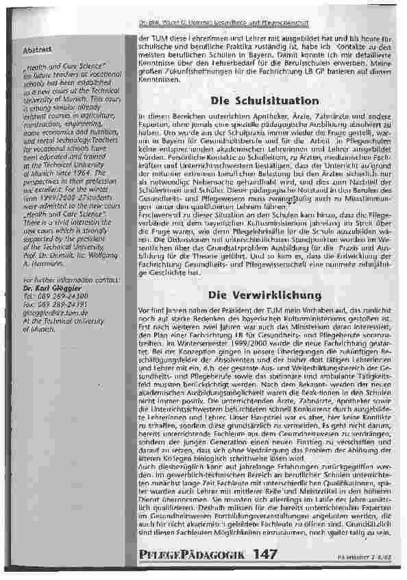 Vorschauseite 2: Gesundheitsund Pflegewissenschaft Eine neue Fachrichtung im Studiengang Lehramt an beruflichen Schulen an der TU München