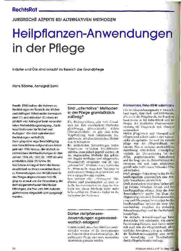 Vorschauseite 1: Heilpflanzen-Anwendungen in der Pflege Juristische Aspekte bei alternativen Methoden