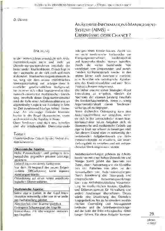 Vorschauseite 1: Anästhesie-Informations-Management-Systeme (AIMS) - Überflüssig oder Chance?