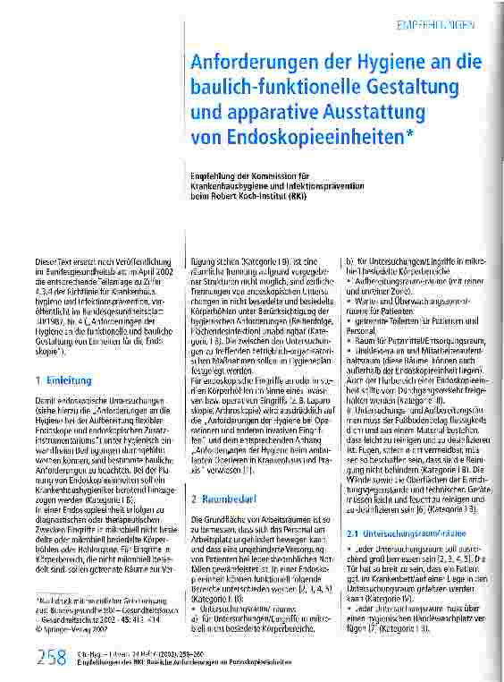 Vorschauseite 1: Anforderungen der Hygiene an die baulich-funktionelle Gestaltung und apparative Ausstattung von Endoskopieeinheiten