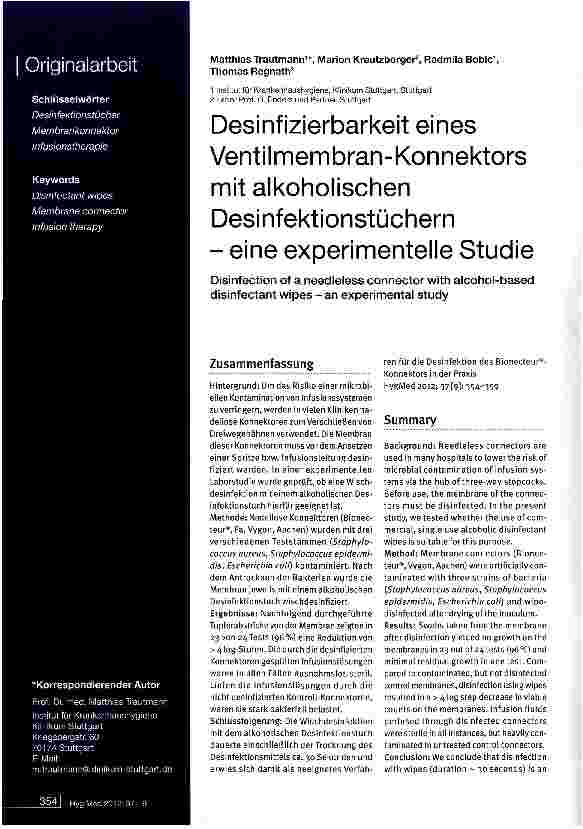 Vorschauseite 1: Desinfizierbarkeit eines Ventilmembran-Konnektors mit alkoholischen Desinfektionstücherneine experimentelle Studie