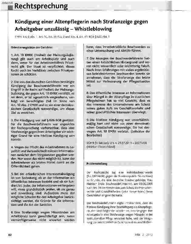 Vorschauseite 1: Kündigung einer Altenpflegerin nach Strafanzeige gegen Arbeitgeber unzulässig - Whistleblowing