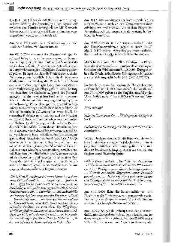 Vorschauseite 3: Kündigung einer Altenpflegerin nach Strafanzeige gegen Arbeitgeber unzulässig - Whistleblowing