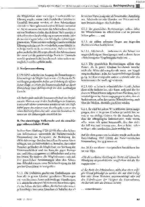 Vorschauseite 6: Kündigung einer Altenpflegerin nach Strafanzeige gegen Arbeitgeber unzulässig - Whistleblowing