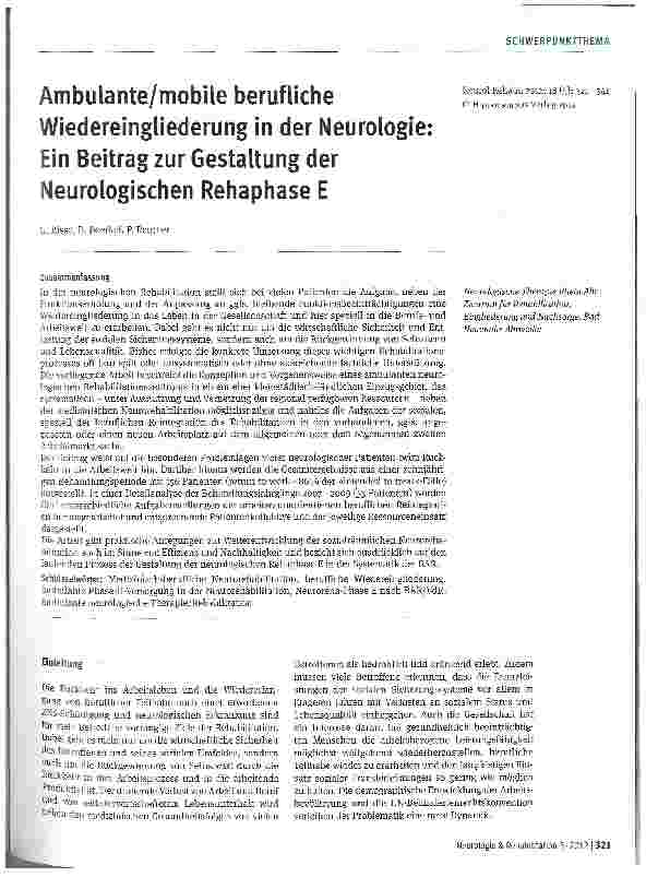 Vorschauseite 1: Ambulante/mobile berufliche Wiedereingliederung in der Neurologie Ein Beitrag zur Gestaltung der Neurologischen Rehaphase