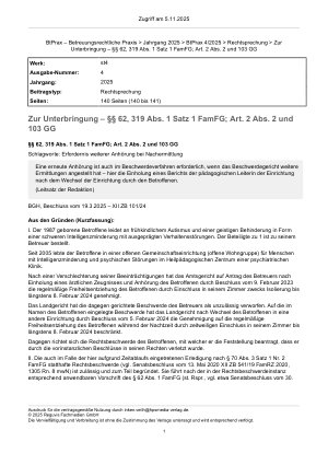 Vorschauseite 1: Zur Unterbringung – §§ 62, 319 Abs. 1 Satz 1 FamFG; Art. 2 Abs. 2 und 103 GG