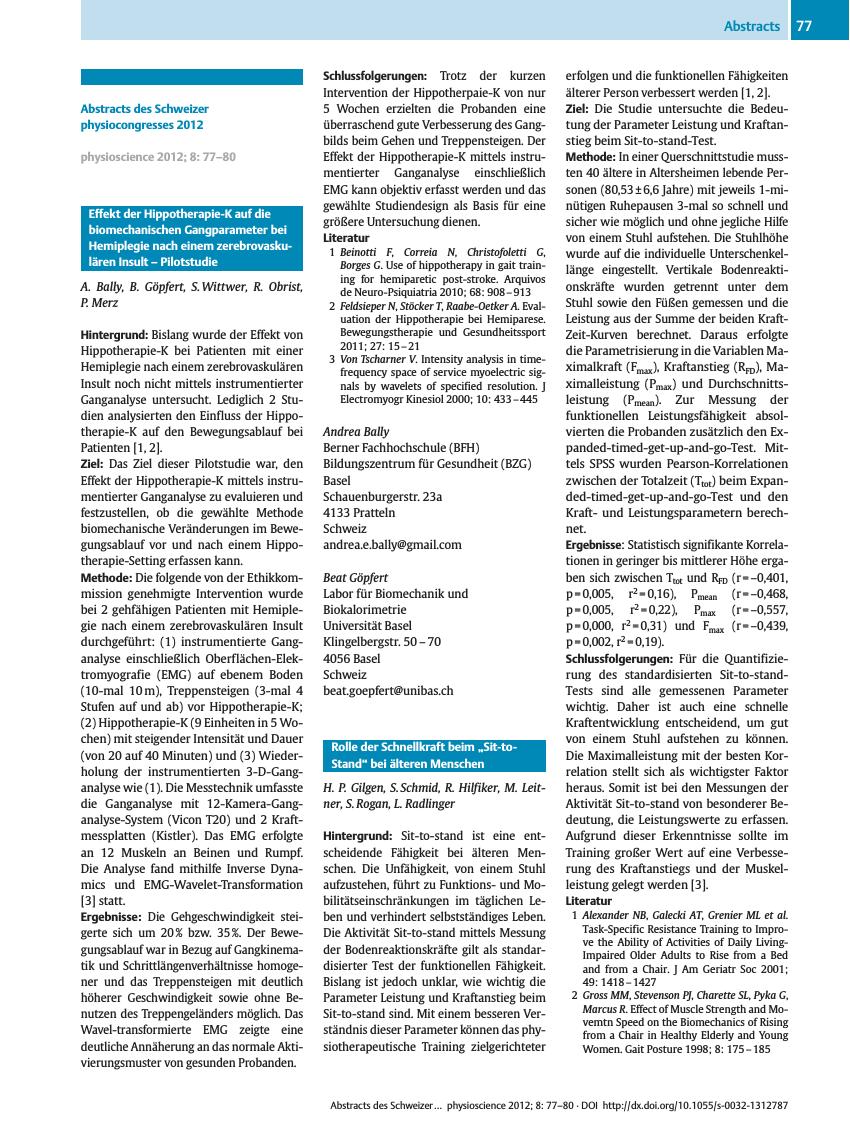 Vorschauseite 1: Abstracts des Schweizer physiocongresses 2012